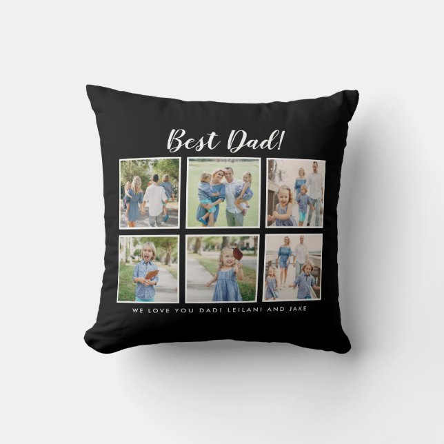 Modern Best Dad! Photo Collage Black Throw Pillow (Front)