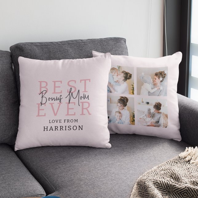 Modern Best Ever Bonus Mom | Photo Collage Throw Pillow (Creator Uploaded)