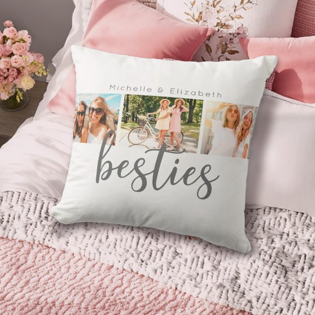 Modern Best Friends Besties Photo Collage Throw Pillow (A simple cute 3 photo besties, best friend pillow. Personalize it with your favorite photos.)