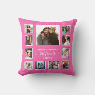 Modern Best Friends Forever 11 Photo Collage Pink Throw Pillow