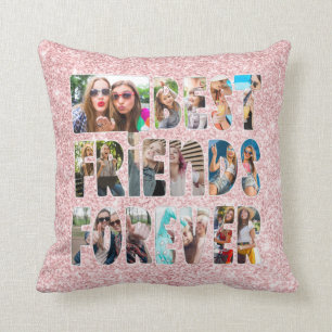 Modern BEST FRIENDS FOREVER Letters Photo Glitter Throw Pillow