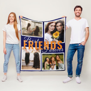 Modern BEST FRIENDS FOREVER Photo Collage Blue Fleece Blanket