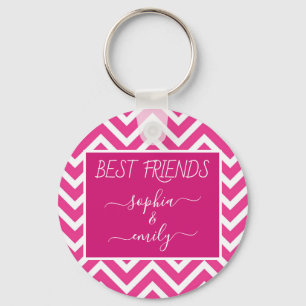Modern Best Friends Script Name Pink Chevron Keychain