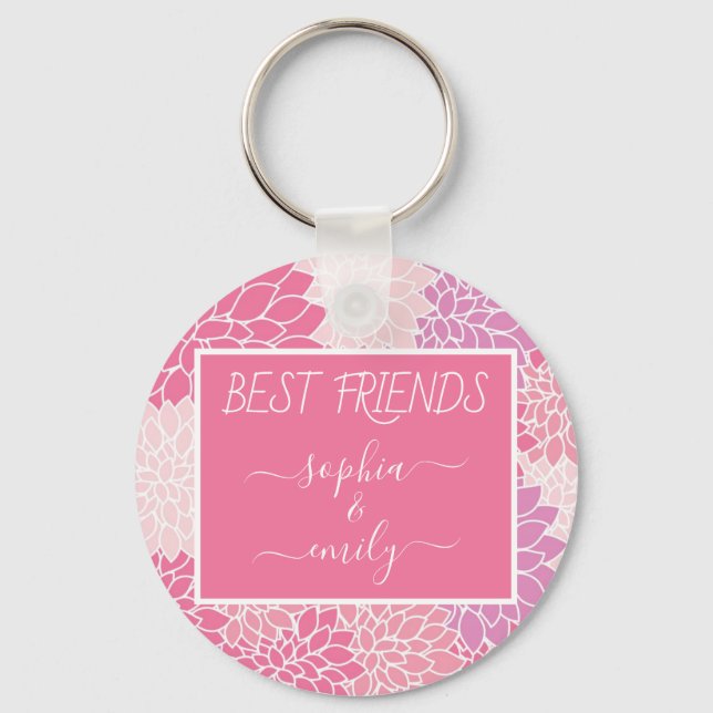 Modern Best Friends Script Name Pink Dahlia Keychain (Front)