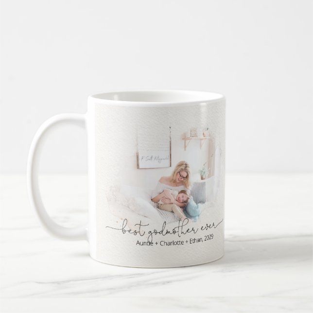 Modern Best Godmother Ever Script Quote Names Year Coffee Mug (Left)