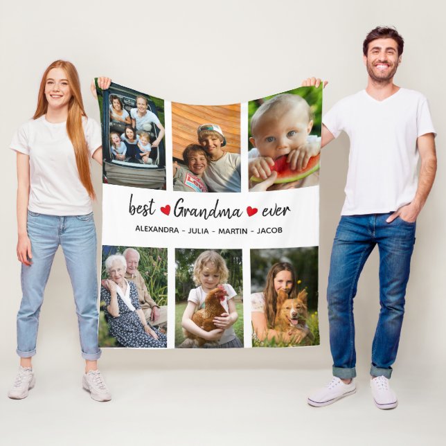 Modern Best Grandma Ever 6 Photo Custom  Fleece Blanket (In Situ)