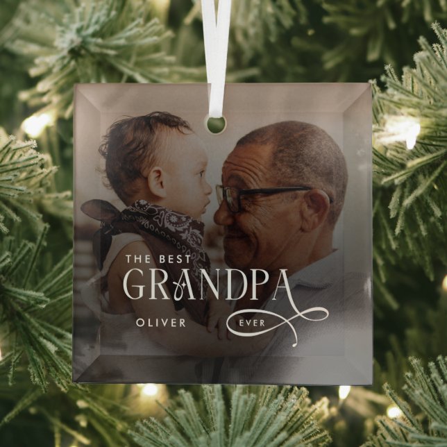 Modern Best GrandPa Ever Photo Personalized Glass Ornament (Insitu)