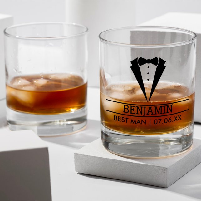 Modern Best Man Custom Name with Tuxedo Whiskey Glass (Creator Uploaded)