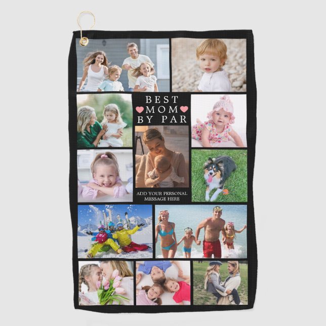 Modern BEST MOM BY PAR Photo Collage Personalized  Golf Towel (Front)