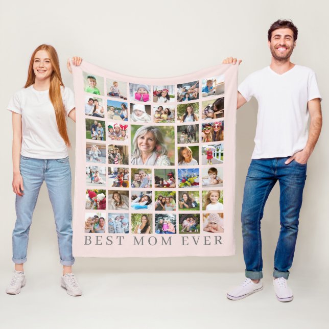 Modern BEST MOM EVER 39 Photo Collage Pink Grey Fleece Blanket (In Situ)