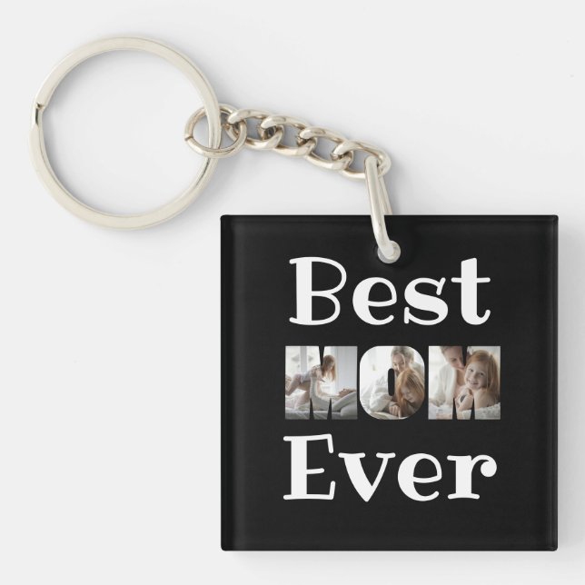 Modern Best Mom Ever 3 Photos Collage Black Keychain (Front)