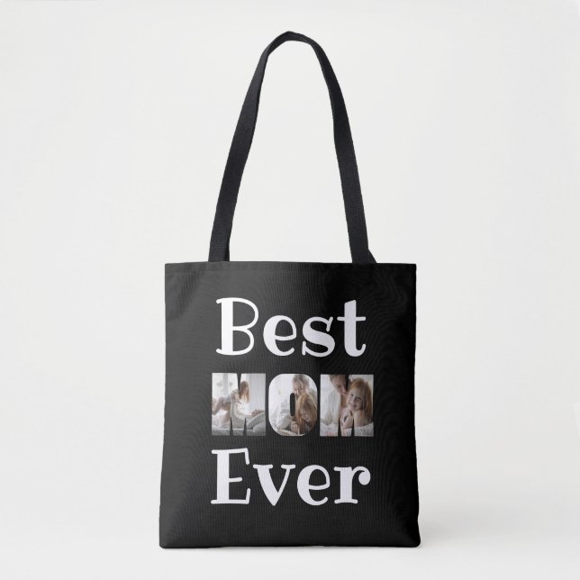 Modern Best Mom Ever 6 Photos Collage Black Tote Bag (Front)
