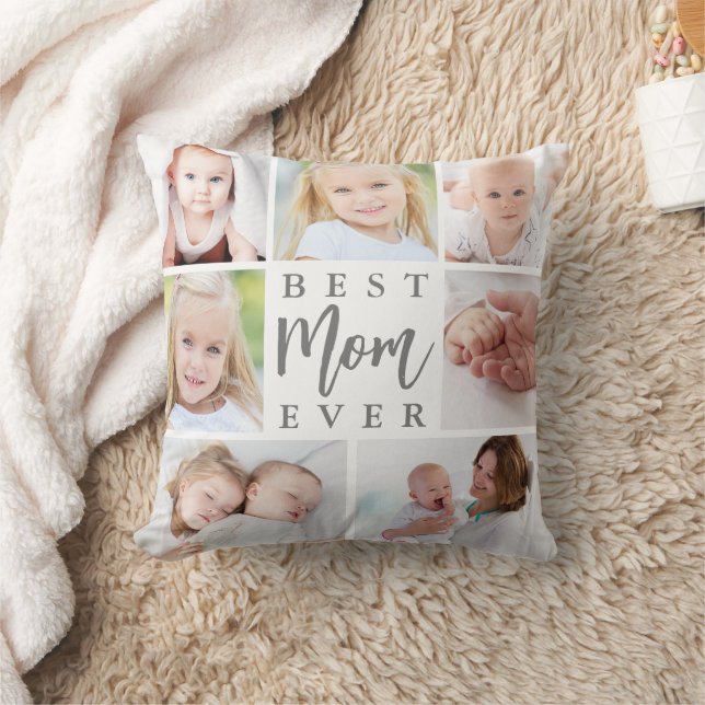 Modern BEST MOM EVER 7 Photo Collage Custom Colour Throw Pillow (Blanket)