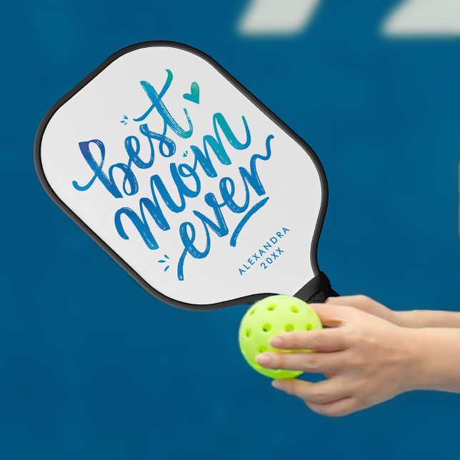 Modern Best Mom Ever Blue And White Brush Script  Pickleball Paddle (Creator Uploaded)