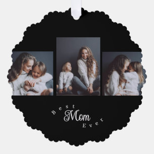 Modern Best Mom Ever Elegant Script Black 3 Photo Ornament Card