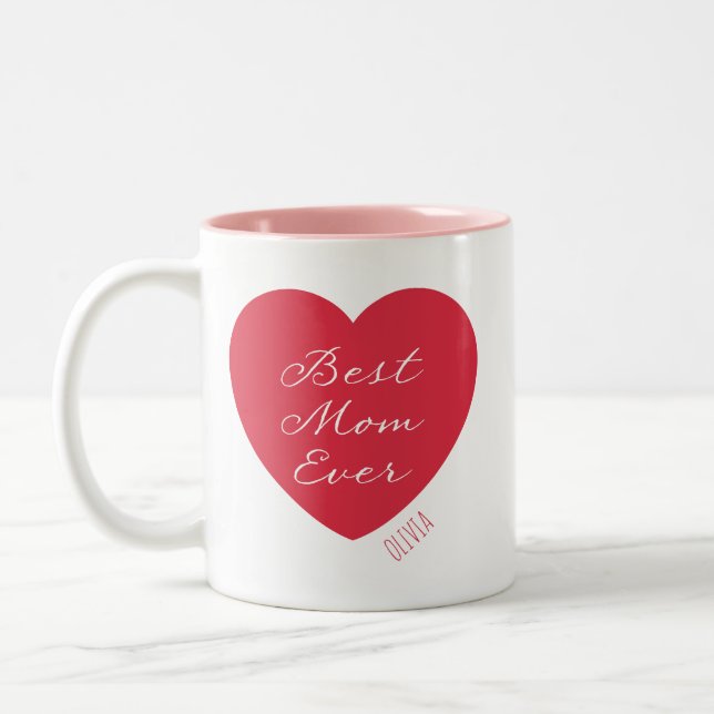 Modern Best Mom Ever Heart Name | Editable Colour Two-Tone Coffee Mug (Left)