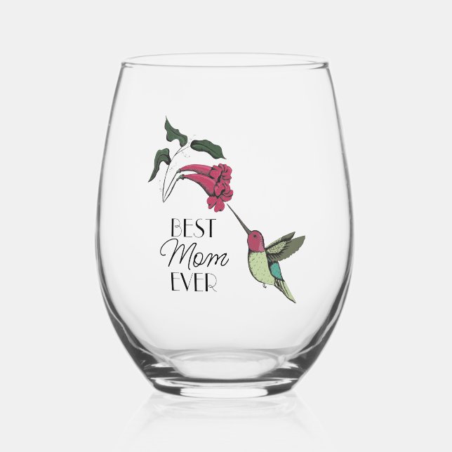 Modern Best Mom Ever Hummingbird Stemless Wine Glass (Front)