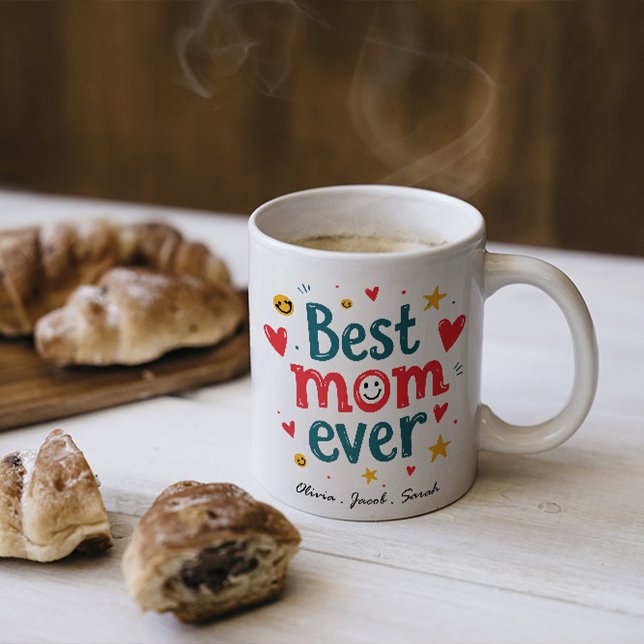 Modern Best Mom Ever & Kids Name Script Two-Tone Coffee Mug (Creator Uploaded)