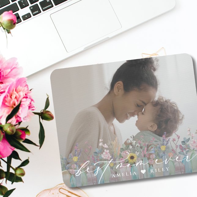 Modern Best Mom Ever Script Elegant Flowers Photo Mouse Pad (Creator Uploaded)