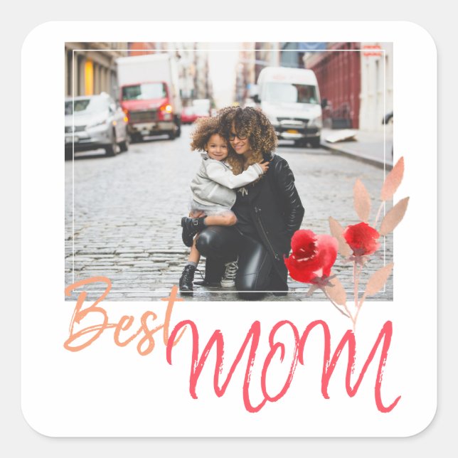 Modern Best Mom Photo Watercolor Rose  Square Sticker (Front)