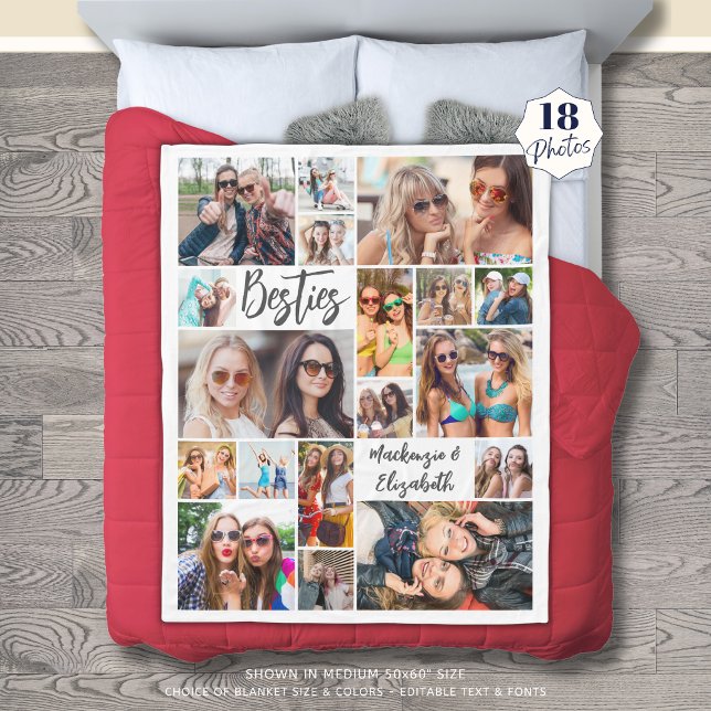 Modern Besties 18 Photo Collage Script Fleece Blanket (Creator Uploaded)
