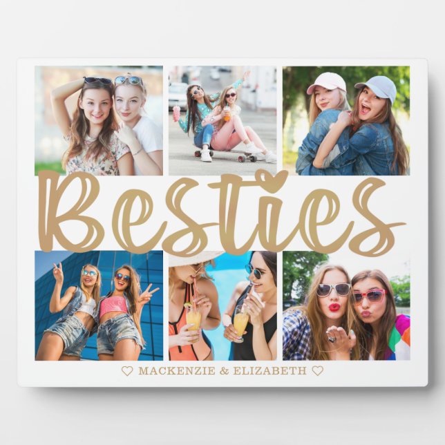 Modern BESTIES 6 Photo Collage Gold Custom Text Plaque (Front)