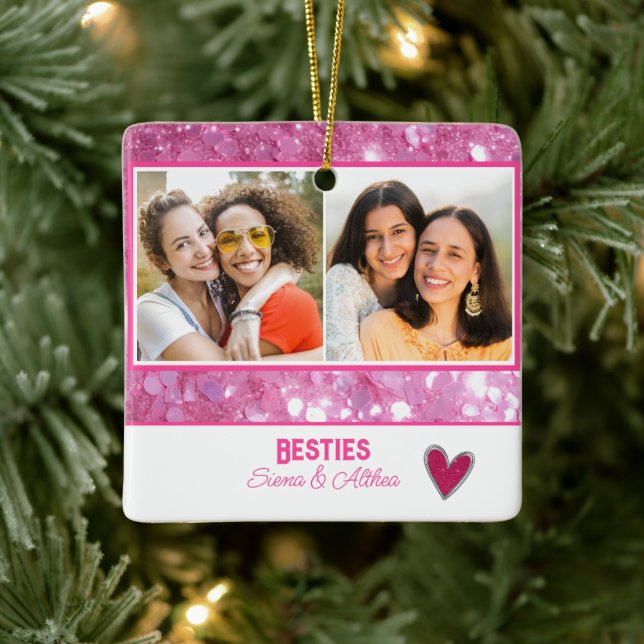 Modern Besties Best Friend Pink Glitter 2 photo Ceramic Ornament (Tree)