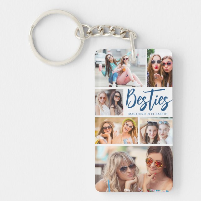 Modern Besties Photo Collage Script Your Colours Keychain (Front)