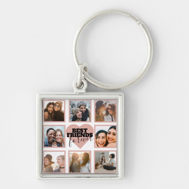Modern BFF Photo Collage Rose Gold Heart Keychain (Front)