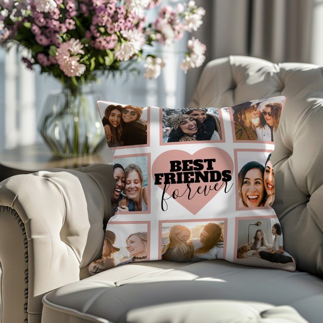 Modern BFF Photo Collage Rose Gold Heart Throw Pillow (Creator Uploaded)
