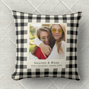 Modern BFF Photo Plaid Friendship Best Friend Throw Pillow