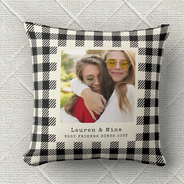 Modern BFF Photo Plaid Friendship Best Friend Throw Pillow (Creator Uploaded)
