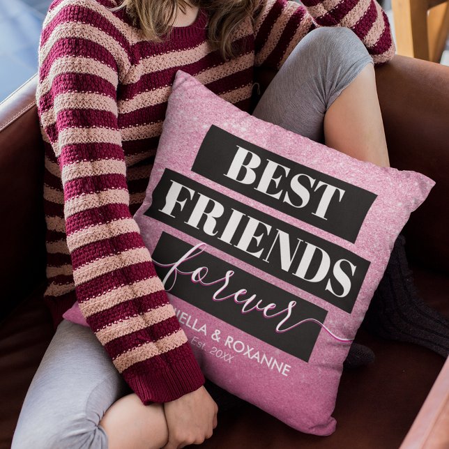 Modern BFF Pink Glitter Best Friend Besties Throw Pillow (Creator Uploaded)