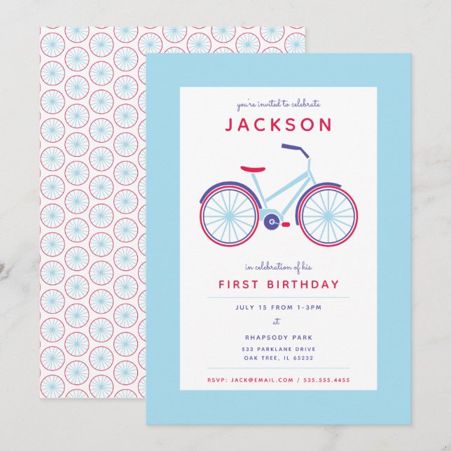 Modern Bicycle Blue and Red Birthday Invitation (Front/Back)