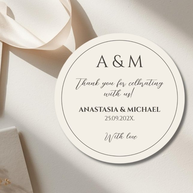 Modern biege minimalist wedding classic round sticker (Creator Uploaded)