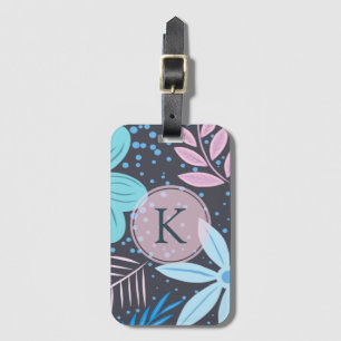 Modern Big Blue Flower Pattern Pink Monogram Luggage Tag