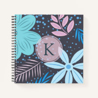 Modern Big Blue Flower Pattern Pink Monogram