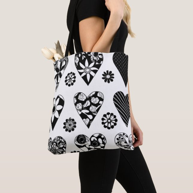 Modern Big Hearts & Flowers Black & White Tote Bag (Close Up)