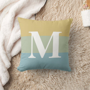 Modern Big Stripes Big Letter Monogram Khaki Blue Throw Pillow