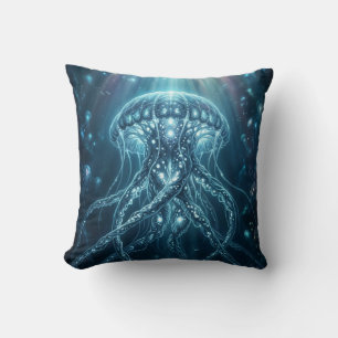 "Modern Bioluminescent Jellyfish Deep Sea Wall Clo Throw Pillow