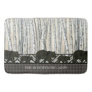 Modern Birch Forest Lodge Bears n Buffalo Plaid Bath Mat