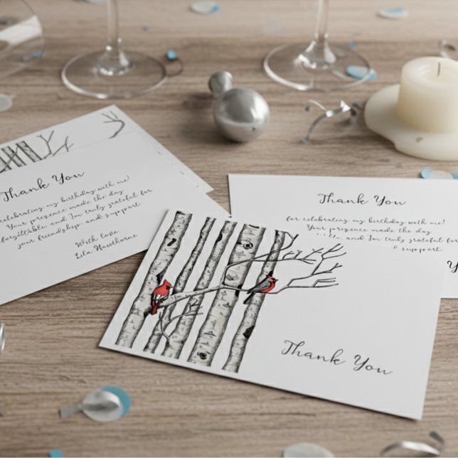 Modern Birch Trees and Red Birds Thank You Card (Elegant Red Cardinal Bird in Winter Birch Tree Forest Thank You Note Card for Christmas & Holidays)