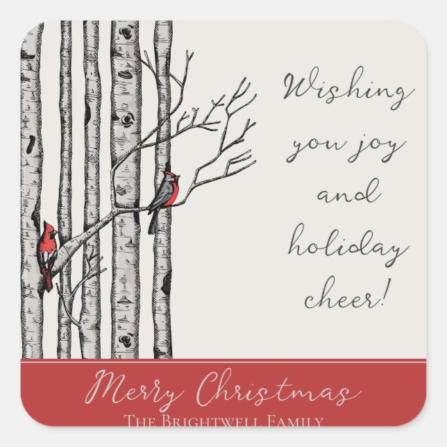Modern Birch Trees and Red Cardinal Birds Square Sticker (Front)