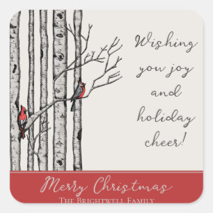 Modern Birch Trees and Red Cardinal Birds Square Sticker