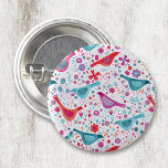 Modern Bird Floral Watercolor 1 Inch Round Button<br><div class="desc">Modern and contemporary watercolor birds and flowers pattern in vibrant teal green,  magenta pink and red on a white background.  Original art by Nic Squirrell.</div>