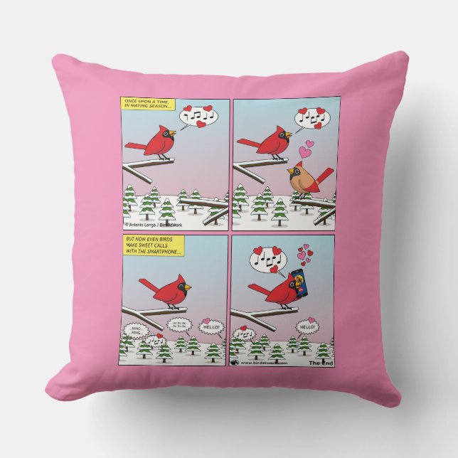 Modern Bird Mating Calls Comic Throw Pillow (Front)