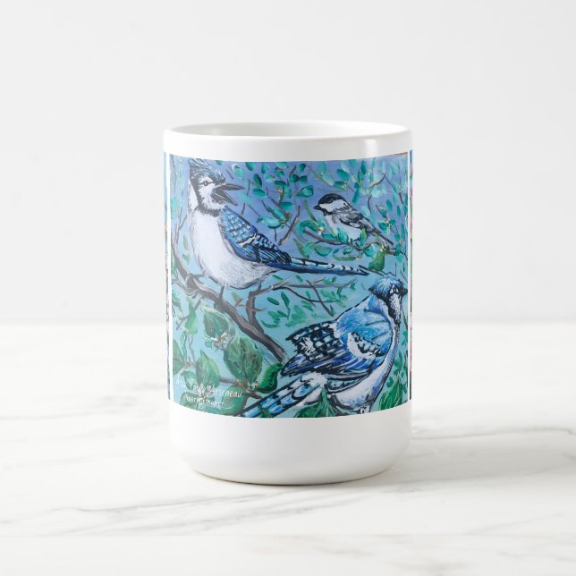 Modern Bird Watching Blue Jay yellow Finch Magic Mug (Center)
