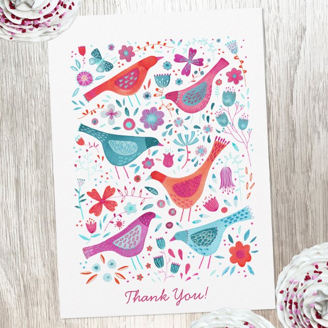 Modern Bird Watercolor Personalized Thank You (Modern watercolor birds and flowers thank you card with custom text)