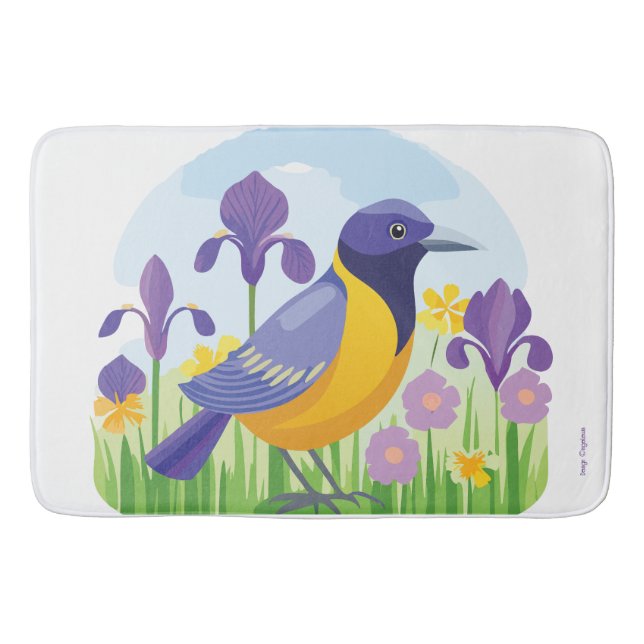 Modern Bird with Iris Flower Floral Pattern  Bath Mat (Front)