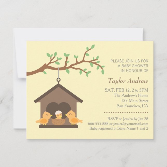Modern Birdhouse Nest Bird Spring Baby Shower Invitation (Front)